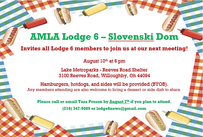 Lodge Meeting August 10th at 6PM at the Lake Metroparks Reeves Rd Shelter